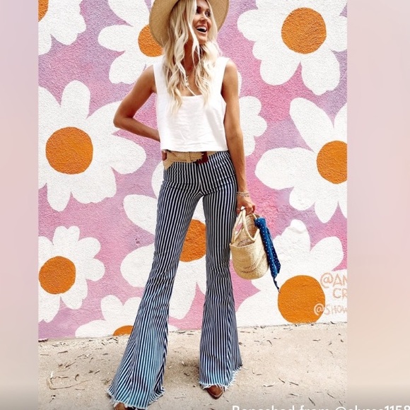 Show Me Your MuMu Berkeley Bells Striped Flare Leg Jeans - Picture 1 of 11